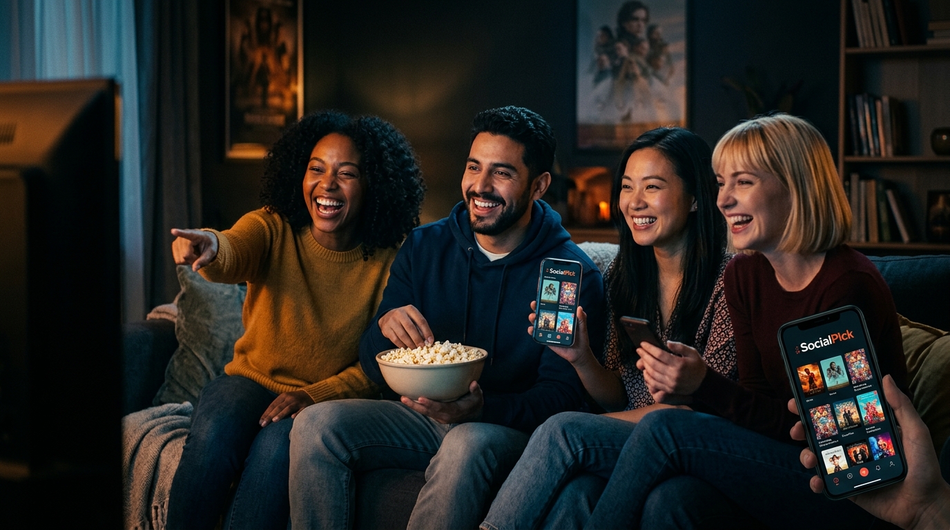 Friends enjoying a movie night with SocialPick